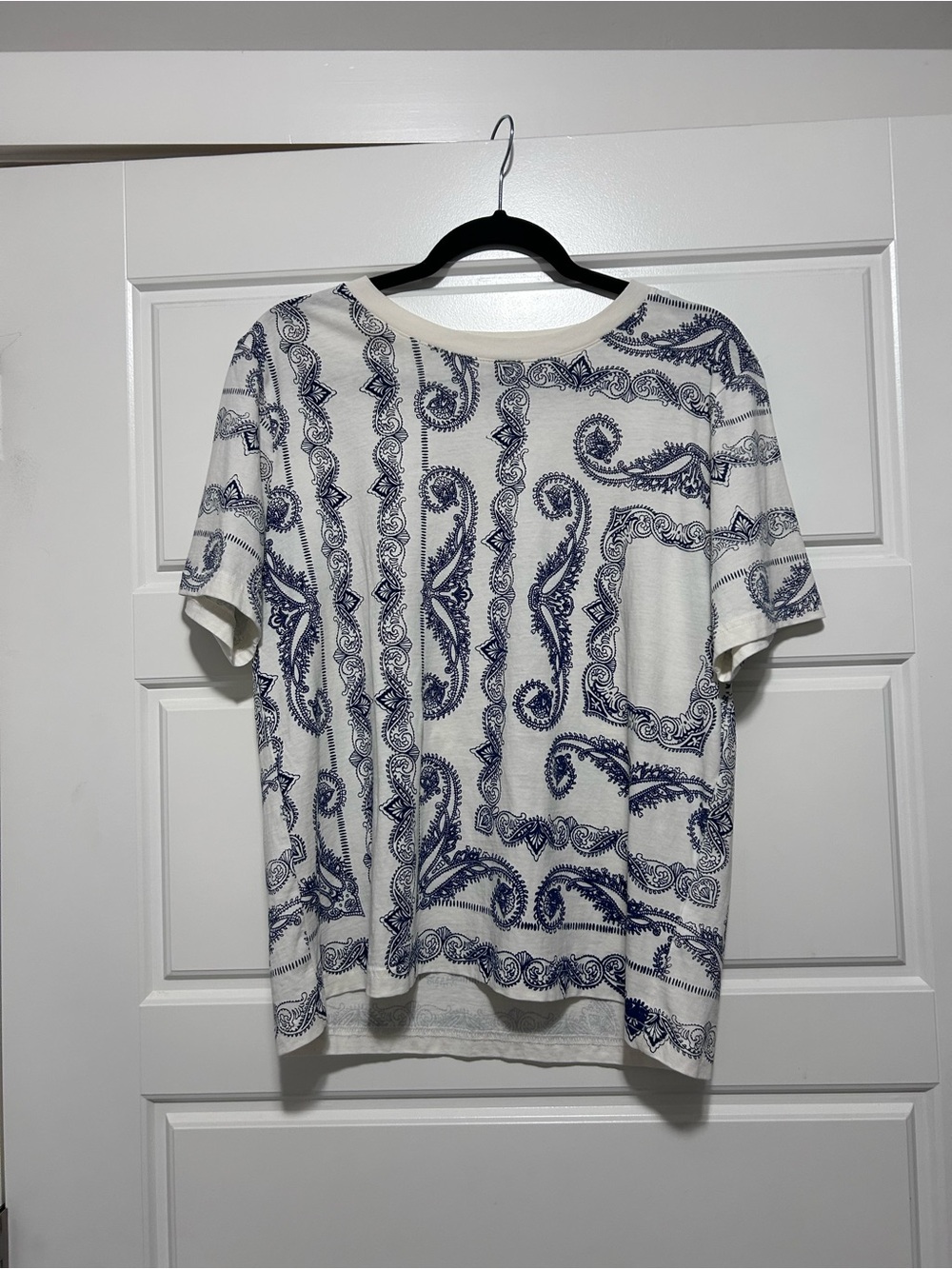 J. Crew White Short Sleeve Tee with Navy Paisley Print
